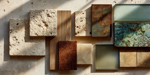 Elegant Material Samples for Interior Design, Featuring Stone, Wood, Metal and Glass with Natural Lighting