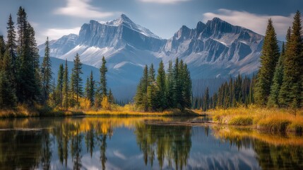 Scenic Mountain Landscape Reflecting in Calm Lake Water Surrounded by Lush Evergreen Trees in Autumn