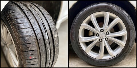 Car Tires Close-Up: Tread Wear Inspection and Wheel Detail on Vehicle