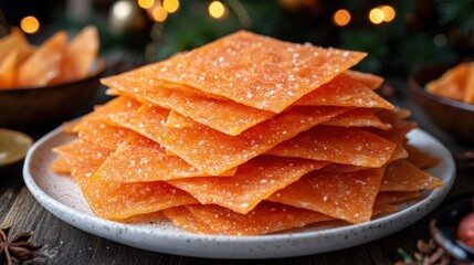Stacked, sugared, orange-colored fruit leather on plate