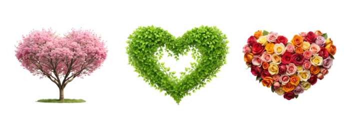 Three heart shaped trees with pink green and autumn foliage isolated on transparent background