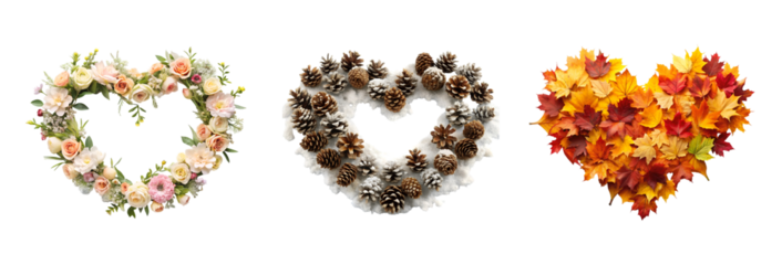 Three heart shaped wreaths of flowers and autumn leaves isolated on transparent background