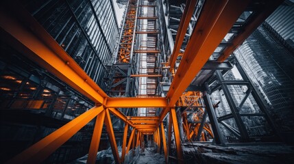 Fototapeta premium Abstract Industrial Structure with Bright Orange Beams Contrasting Against Metallic Blue, Showcasing Modern Engineering