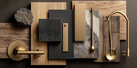 Fototapeta na wymiar Elegant interior design mood board featuring wood, stone, and metallic elements for a sophisticated aesthetic