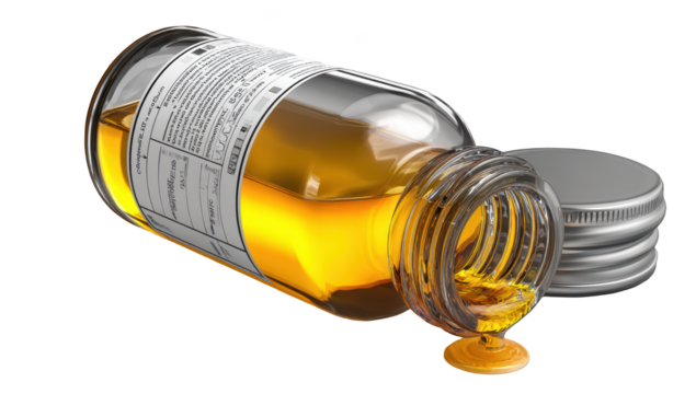 Bottle of amber liquid spilled, cap next to it on surface. Labels visible