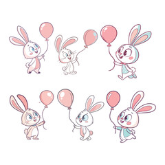 Cute Cartoon Bunnies with Balloons – Playful Rabbit Characters for Kids