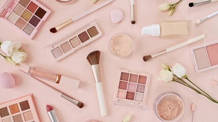 Professional decorative cosmetics, Makeup products and accessories. The beauty of the background with cosmetic facilities. Beauty, fashion, visage, skin care and shopping blogger concept. 4k