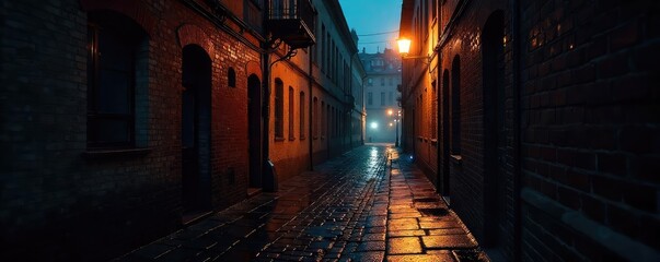 Rain-Slicked Alleyway Shadowy Thriller Scene, Cobblestone Street, Dimly Lit, Foreboding Atmosphere, Hidden Crime, Detective Story, Mystery