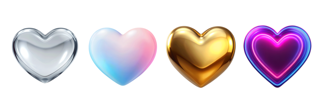 Four heart shaped balloons with different textures and colors isolated on transparent background - Powered by Adobe