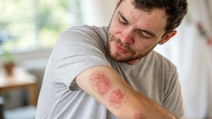 Man Examining Psoriasis on Arm at Home