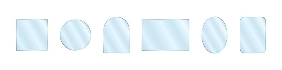 Mirror surfaces catch bright reflections and glossy highlights, creating a sleek and shiny composition. Transparent and modern elements blend with subtle shadows for a clean, elegant illustration.