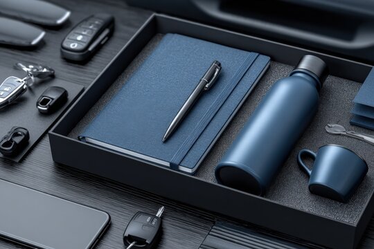Corporate Gift Set: Notebook, Pen, Water Bottle, Mug, and Keychains for Business Branding