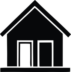 Simple black and white icon of a house with two doors representing home or shelter
