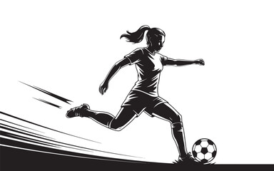 Obraz premium Silhouette of a female soccer player kicking the ball with dynamic motion isolated on white background