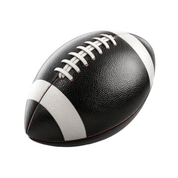 Realistic, textured, black football with white stripes and laces, isolated on black