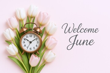 Welcoming June: Delicate Tulips and Vintage Alarm Clock on a Soft Pink Background, Signifying New Beginnings