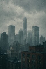 Fototapeta premium Moody cityscape in heavy rain with skyscrapers and clouds
