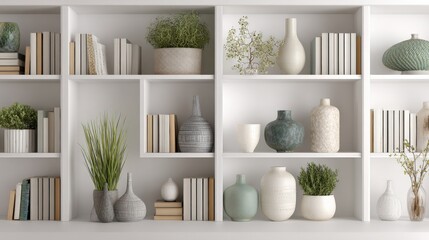 Stylish Bookshelf Decor: Vases, Plants and Books in a Modern Interior Design
