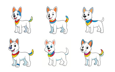 Six Adorable Cartoon Dogs Colorful Collars White Fur