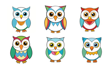 Obraz premium Six Colorful Cartoon Owls on White Background