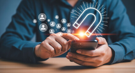 Person using a phone with a magnet icon and user icons around it in the image view