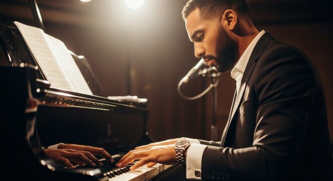 A focused man in a suit plays a grand piano, illuminated by a spotlight, with sheet music visible on the stand.