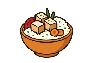 Bowl of rice with tofu, vegetables, and beans in a simple style rice bowl with tofu