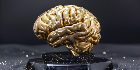 Golden Brain Model on Black Stand