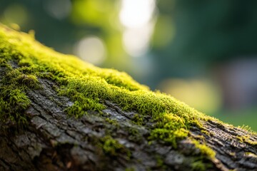 Close-up of moss growing on a tree trunk in a lush green forest environment during daytime
