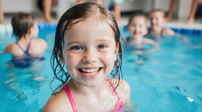 young children enjoying swimming lessons in pool, learning water safety, showcasing joy and camaraderie | swimming, childhood, education, health, recreation theme