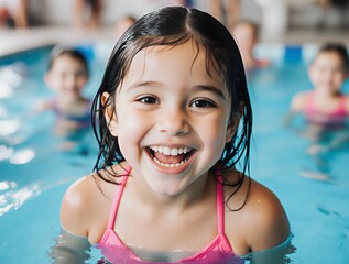 child learning swim in pool with friends, smiling, water safety, exercise, healthy, fun, happy, learning, education | childhood, education, fitness, water activities, family theme