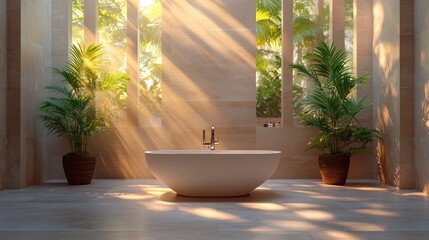 Sunlit bathroom with tropical plants