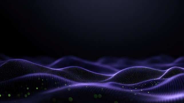 Neon purple and green abstract waveform with glowing particles - Powered by Adobe