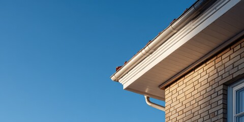 Exterior of a well maintained home with clean white gutters against a clear blue sky.