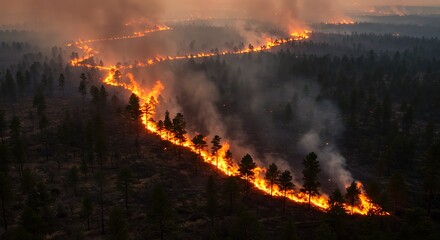 Forest fire raging through trees at dusk.