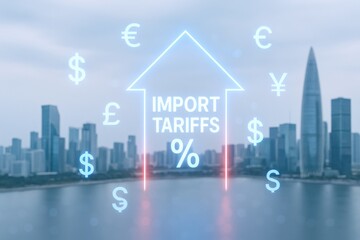 Import Tariffs Increase Concept with Arrow and Currency Symbols Over City Skyline Background, Representing Global Trade and Finance