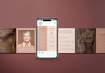 Instagram carousel template for skincare professionals. Set of 8 social media post layouts for cosmetologists, dermatologists, beauty clinics and wellness experts. Share tips and promote services