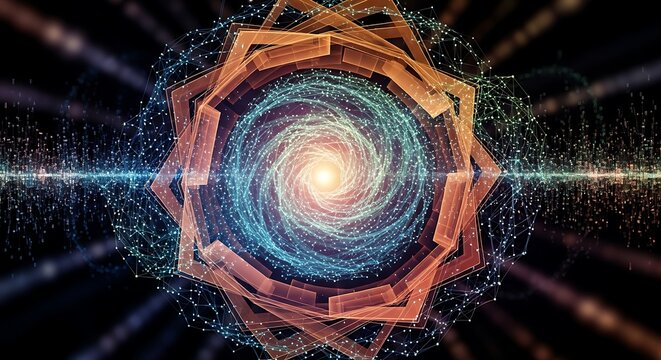 Retrieval augmented generation RAG artificial intelligence neural network data spiral futuristic AI concept abstract visualization
