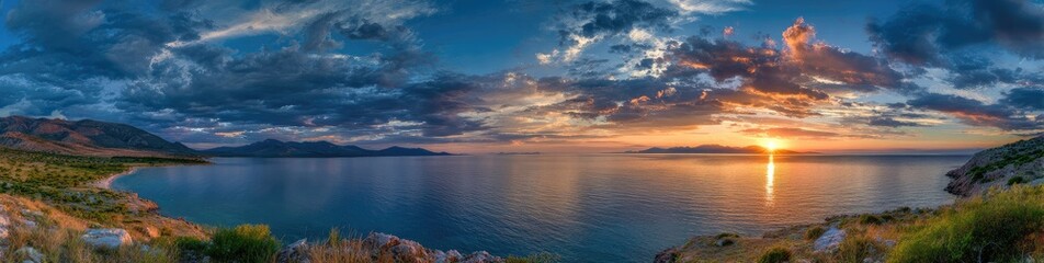 Naklejka premium Panoramic sunset over a calm sea, mountains framing the scene, dark clouds contrasting with warm sunset hues