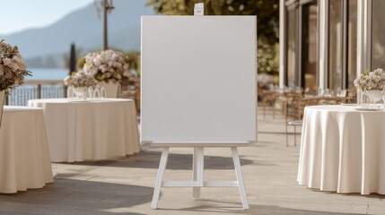 Blank White Canvas on Easel at Outdoor Wedding Venue, Ready for Signage, with Tables and Floral Arrangements