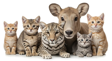 Group of domestic cats and wild big cats with a deer on white background