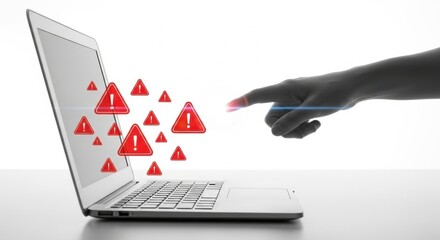 A laptop displaying red warning signs with a hand reaching out to touch the screen