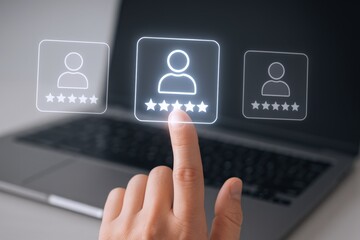 Online Reputation Management Concept: Hand Interacting with Star Ratings on a Digital Interface for Feedback