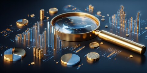 Analyzing financial data with magnifying glass, highlighting investment growth and market trends in gold and silver hues