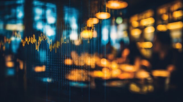 Blurred Restaurant Interior with Financial Chart Overlay, Representing Investment in the Food and Beverage Industry - Powered by Adobe