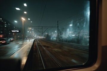 Obraz premium Night Train Journey: Atmospheric View of City Lights and Railway Tracks Through Window