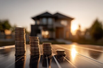 Decreasing Coin Stacks on Solar Panel Against House: Financial Loss, Renewable Energy Concept