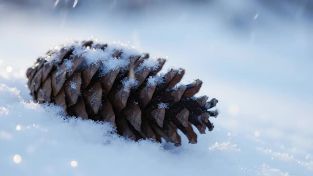 Snow falls softly onto a frozen pinecone resting on fresh white ground, capturing a serene winter moment in delicate natural detail.