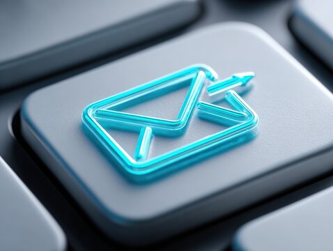 Close-up of keyboard button with email icon illuminated in blue, symbolizing communication and connection