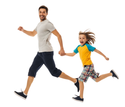 Joyful father and son running hand in hand, embodying family fun and an active lifestyle, perfect for parenting blogs, summer camp ads, Father's Day promotions, or health initiatives, - Powered by Adobe
